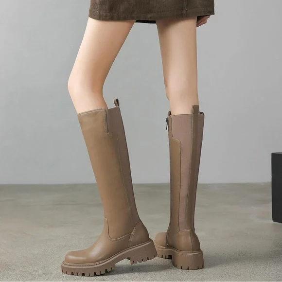 Taupe Khaki Women's Knee High Boots Chunky Platform Lug Sole Tall Riding Stretch - Picture 3 of 6